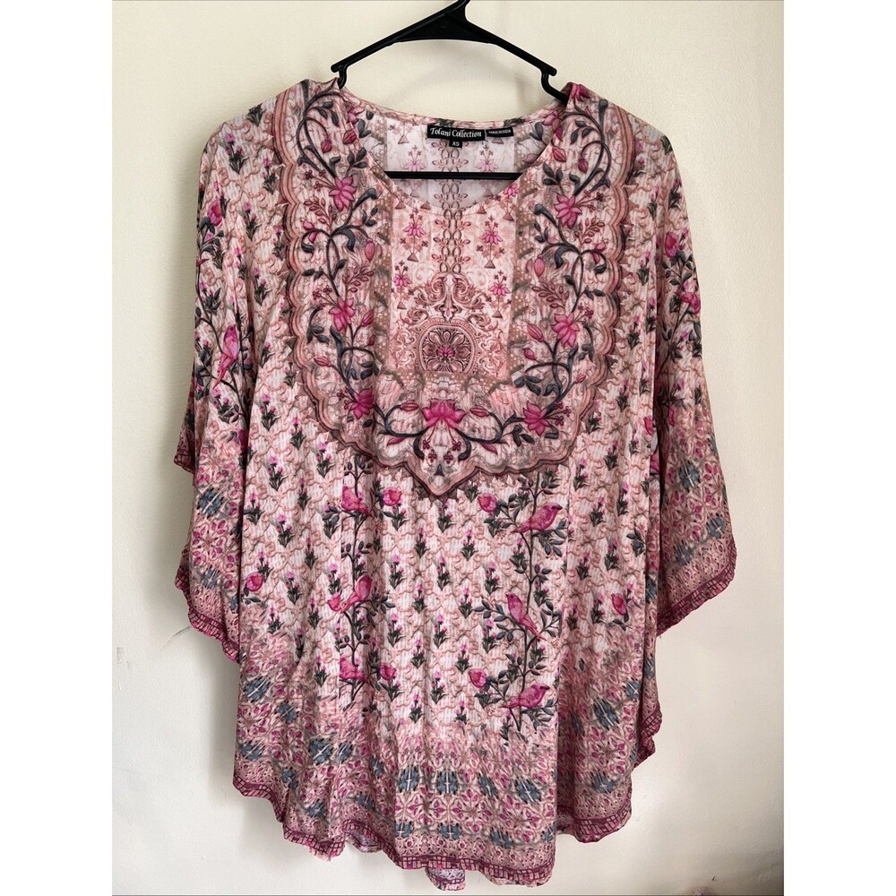 Tolani Collection Boho Top XS Pink Birds Floral Artsy‎ Poncho 100% Modal India
